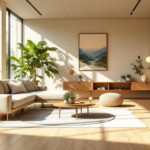 Heller und freundlicher Wohnraum mit großen Fenstern, beigem Ecksofa, Holzfußboden, Pflanzen und minimalistischer Dekoration, gestaltet nach Prinzipien der Nachhaltige Raumgestaltung Innenraum.
