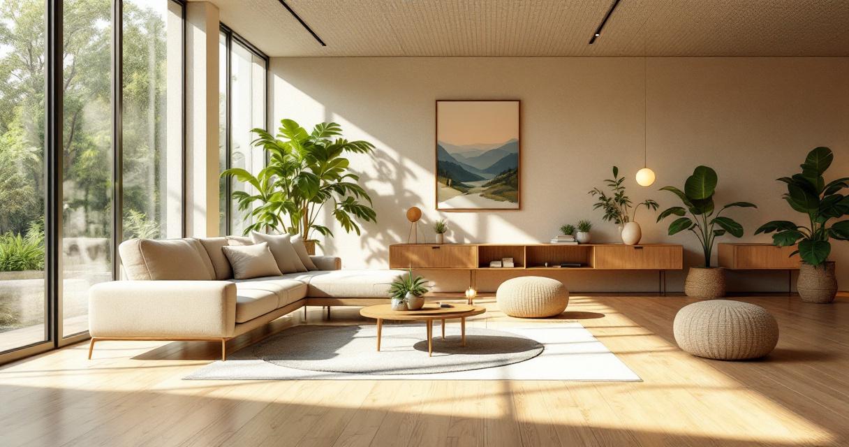 Heller und freundlicher Wohnraum mit großen Fenstern, beigem Ecksofa, Holzfußboden, Pflanzen und minimalistischer Dekoration, gestaltet nach Prinzipien der Nachhaltige Raumgestaltung Innenraum.
