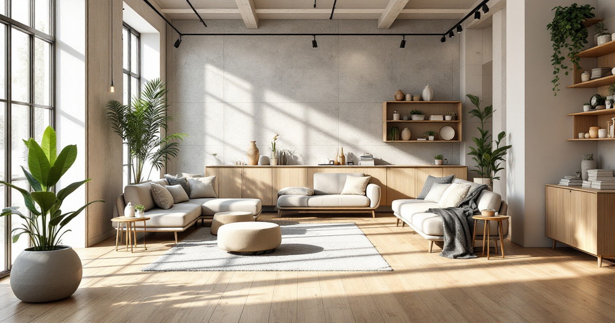 Helles, großzügiges Wohnzimmer mit modernen, hellen Möbeln aus Holz und natürlichen Materialien, großen Fenstern, die viel Tageslicht hereinlassen, ausgelegt mit einem grauen Teppich und dekoriert mit vielfältigen Zimmerpflanzen, ein Beispiel für nachhaltige Raumgestaltung.
