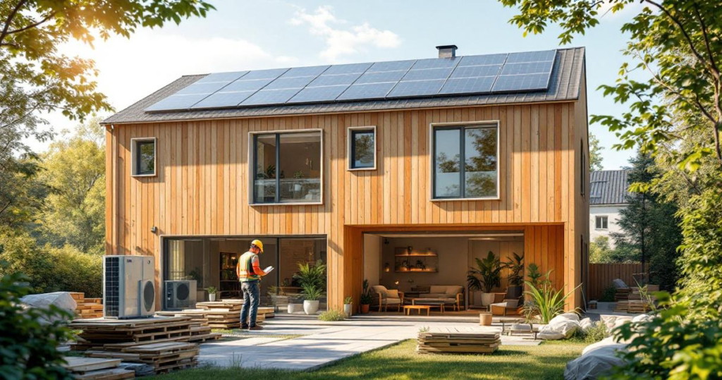 Moderner Holzbau mit Solarpaneelen auf dem Dach und einer Baustelle im Vordergrund, die Nachhaltige Renovierung Umweltfreundliche Materialien Techniken präsentiert.