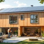 Moderner Holzbau mit Solarpaneelen auf dem Dach und einer Baustelle im Vordergrund, die Nachhaltige Renovierung Umweltfreundliche Materialien Techniken präsentiert.