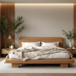 Modern eingerichtetes Schlafzimmer mit Holzbettrahmen, zwei Nachttischen, großen eingebauten Holzschränken und großen Fenstern, dekoriert mit Zimmerpflanzen und weichen Textilien, ideal für nachhaltige Schlafzimmer Renovierung Tipps.