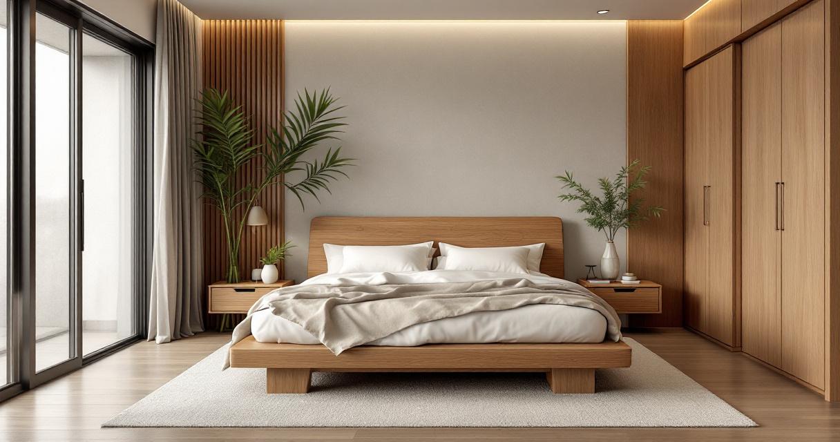 Modern eingerichtetes Schlafzimmer mit Holzbettrahmen, zwei Nachttischen, großen eingebauten Holzschränken und großen Fenstern, dekoriert mit Zimmerpflanzen und weichen Textilien, ideal für nachhaltige Schlafzimmer Renovierung Tipps.