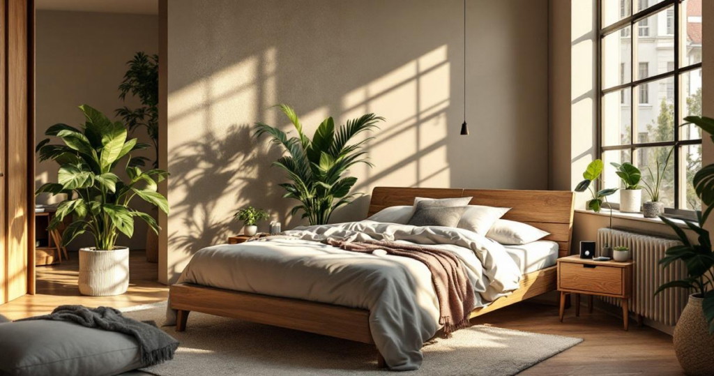 Natürliches Schlafzimmer mit hellem Tageslicht, Holzmöbeln und zahlreichen grünen Pflanzen für eine ruhige Atmosphäre, eine perfekte Darstellung von Nachhaltige Schlafzimmergestaltung Ideen.