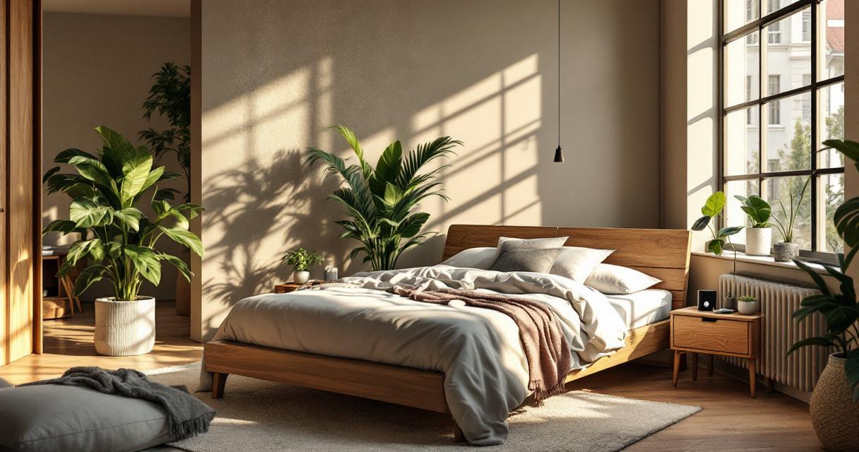 Natürliches Schlafzimmer mit hellem Tageslicht, Holzmöbeln und zahlreichen grünen Pflanzen für eine ruhige Atmosphäre, eine perfekte Darstellung von Nachhaltige Schlafzimmergestaltung Ideen.
