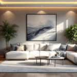 Modern eingerichtetes Wohnzimmer mit großem weißem Ecksofa, zwei minimalistischen Couchtischen, Zimmerpflanzen, LED-Deckenbeleuchtung und großem Fensterfront, welches natürliches Licht hereinlässt, mit Fokus auf einen hellen, hochwertigen Teppich auf dem Boden als Beispiel für nachhaltige Teppichböden.