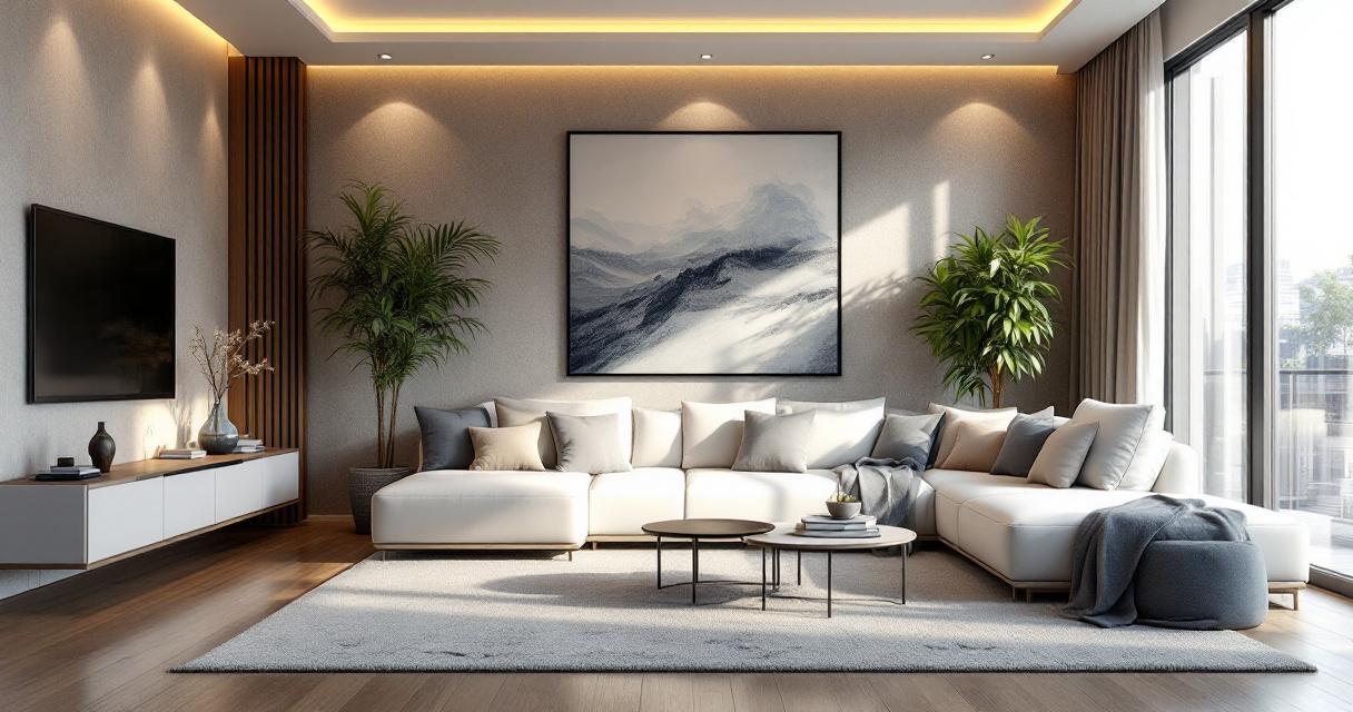 Modern eingerichtetes Wohnzimmer mit großem weißem Ecksofa, zwei minimalistischen Couchtischen, Zimmerpflanzen, LED-Deckenbeleuchtung und großem Fensterfront, welches natürliches Licht hereinlässt, mit Fokus auf einen hellen, hochwertigen Teppich auf dem Boden als Beispiel für nachhaltige Teppichböden.