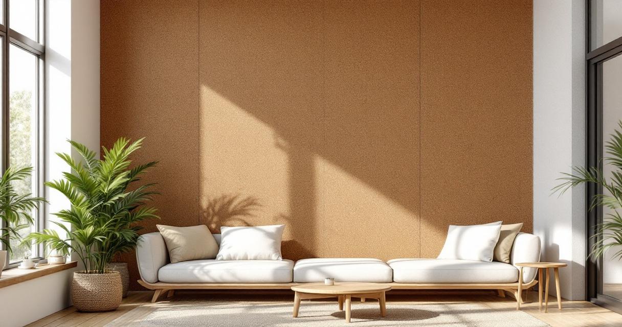 Modernes Wohnzimmer mit hellem Holzmobiliar, großen grünen Pflanzen und einer Wand ausgestattet mit nachhaltigen Wandpaneelen in warmem Korkton, die ein gemütliches und umweltfreundliches Ambiente schaffen.
