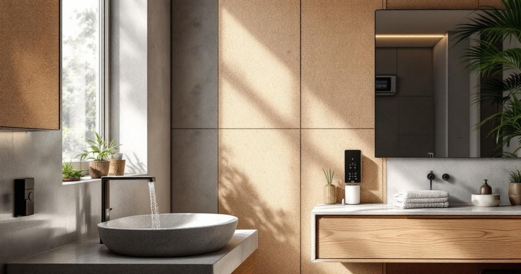 Modern eingerichtetes Badezimmer mit natürlichem Tageslicht, dekorativen Pflanzen und fließendem Wasser aus einem minimalistischen Wasserhahn, verkörpert nachhaltige Wasserinstallation Badezimmer in einem stilvollen Umfeld.
