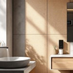 Modern eingerichtetes Badezimmer mit natürlichem Tageslicht, dekorativen Pflanzen und fließendem Wasser aus einem minimalistischen Wasserhahn, verkörpert nachhaltige Wasserinstallation Badezimmer in einem stilvollen Umfeld.