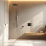 Modern gestaltetes Badezimmer mit natürlichem Lichteinfall, Holzdetails und einer offenen Dusche, die eine nachhaltige wasserinstallation badezimmer unterstreichen.