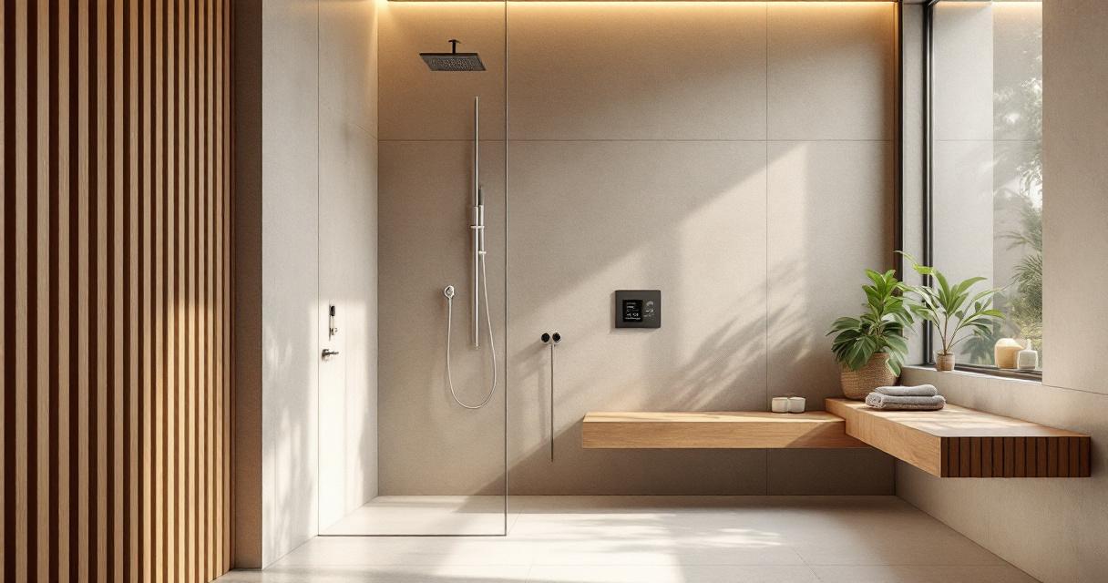 Modern gestaltetes Badezimmer mit natürlichem Lichteinfall, Holzdetails und einer offenen Dusche, die eine nachhaltige wasserinstallation badezimmer unterstreichen.