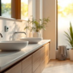 Modernes Badezimmer mit zwei weißen Aufsatzwaschbecken auf einer Holzarbeitsplatte und Wandarmaturen als Beispiel für eine nachhaltige wasserinstallation badezimmer in einem hellen, natürlich beleuchteten Raum mit Pflanzen.
