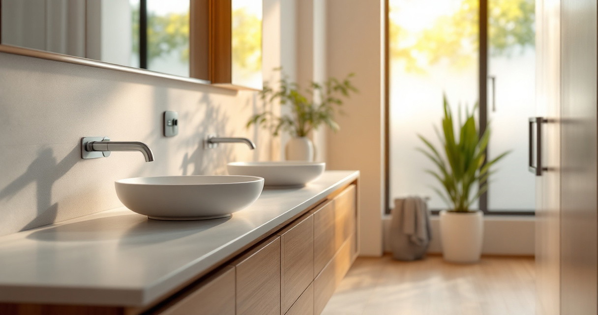 Modernes Badezimmer mit zwei weißen Aufsatzwaschbecken auf einer Holzarbeitsplatte und Wandarmaturen als Beispiel für eine nachhaltige wasserinstallation badezimmer in einem hellen, natürlich beleuchteten Raum mit Pflanzen.