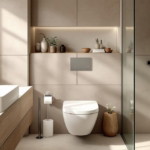 Modern gestaltetes Badezimmer mit Wand WC, Waschtisch, Duschbereich und dekorativen Pflanzen, ausgestattet mit nachhaltiger Wasserspartechnik für umweltbewusstes und effizientes Wasserverbrauchsmanagement.