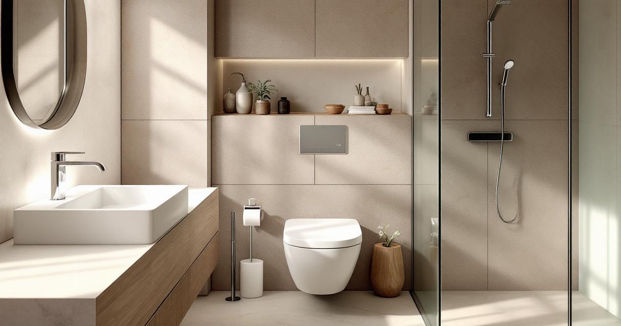 Modern gestaltetes Badezimmer mit Wand WC, Waschtisch, Duschbereich und dekorativen Pflanzen, ausgestattet mit nachhaltiger Wasserspartechnik für umweltbewusstes und effizientes Wasserverbrauchsmanagement.