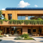 Modernes Wohnhaus mit Holzfassade, großen Glasfronten, begrüntem Balkon und Solarpaneelen auf dem Dach, umgeben von üppigem Grün und Bäumen, Symbol für nachhaltige Energiesparkonzepte und Nachhaltige Wohnraumsanierung.