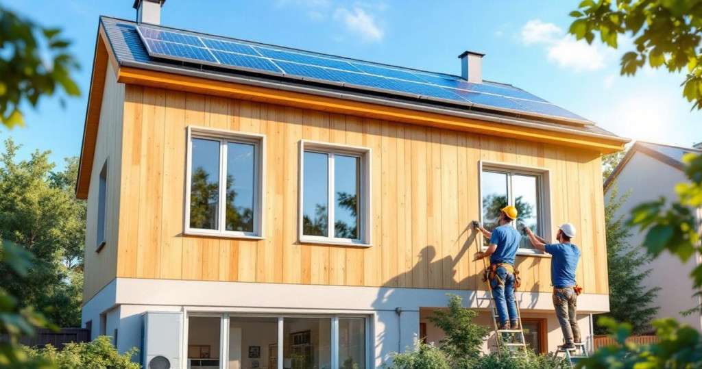 Zwei Handwerker, die an der Fassade eines modernisierten Hauses mit Solarpaneelen auf dem Dach arbeiten, Symbol für Nachhaltige Wohnraumsanierung.