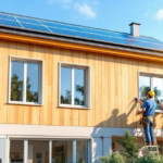 Zwei Handwerker, die an der Fassade eines modernisierten Hauses mit Solarpaneelen auf dem Dach arbeiten, Symbol für Nachhaltige Wohnraumsanierung.