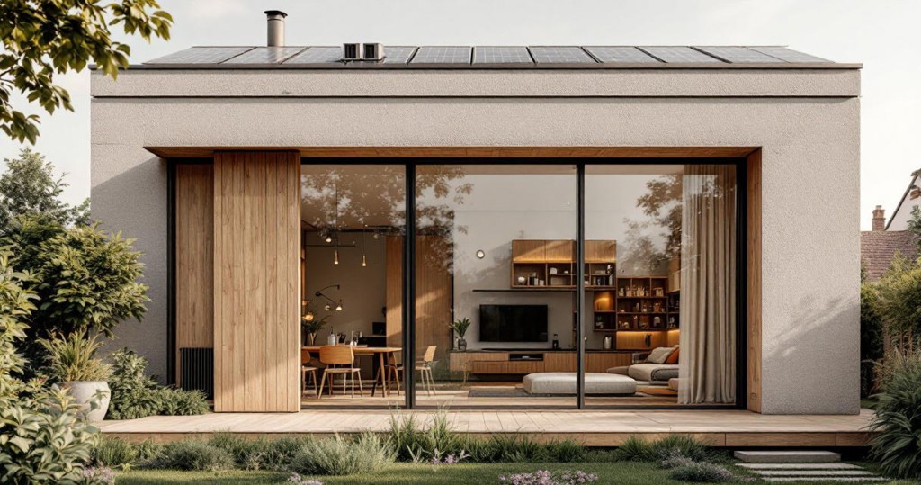 Moderne Einfamilienhausfassade mit großen Glasfronten, Holzverkleidung und Solarpanelen auf dem Flachdach, ein Beispiel für nachhaltige Wohnung Modernisierung unter Einbeziehung zeitgemäßer Architektur und umweltfreundlicher Technologien.