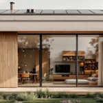 Moderne Einfamilienhausfassade mit großen Glasfronten, Holzverkleidung und Solarpanelen auf dem Flachdach, ein Beispiel für nachhaltige Wohnung Modernisierung unter Einbeziehung zeitgemäßer Architektur und umweltfreundlicher Technologien.