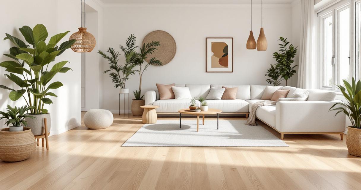 Helles und modernes Wohnzimmer mit viel Tageslicht, weißen Wänden, elegantem Ecksofa und zahlreichen grünen Pflanzen, die eine warme und einladende Atmosphäre schaffen, verkörpert eine nachhaltige Wohnzimmer Bodenrenovierung.