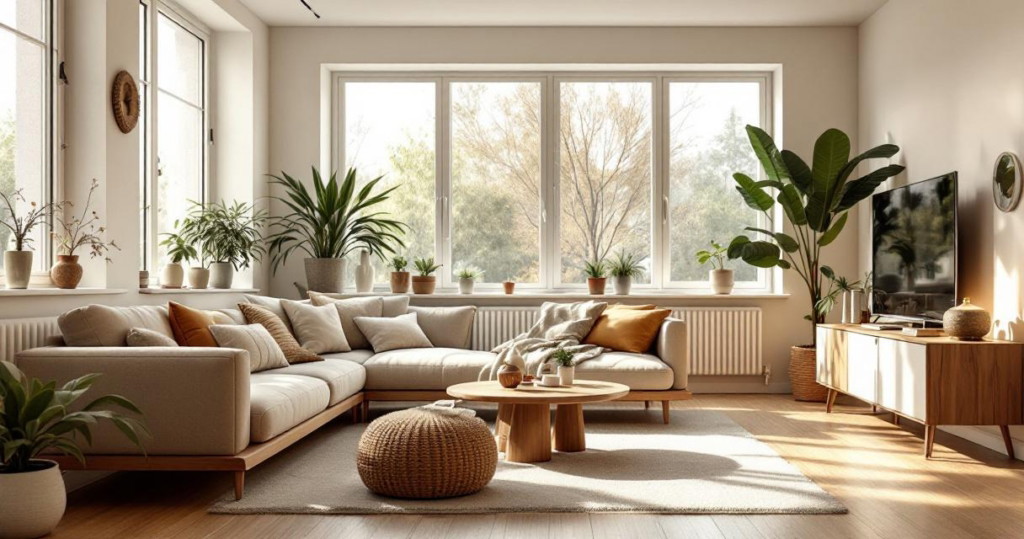 Helles Wohnzimmer mit großen Fenstern, einem cremefarbenen Ecksofa, zahlreichen Kissen und Decken, natürlichen Holzmöbeln, mehreren grünen Zimmerpflanzen und Accessoires aus Naturmaterialien als Beispiel für Nachhaltige Wohnzimmergestaltung Ideen.