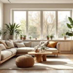 Helles Wohnzimmer mit großen Fenstern, einem cremefarbenen Ecksofa, zahlreichen Kissen und Decken, natürlichen Holzmöbeln, mehreren grünen Zimmerpflanzen und Accessoires aus Naturmaterialien als Beispiel für Nachhaltige Wohnzimmergestaltung Ideen.