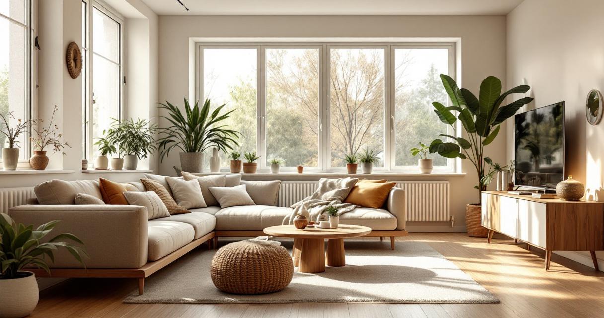 Helles Wohnzimmer mit großen Fenstern, einem cremefarbenen Ecksofa, zahlreichen Kissen und Decken, natürlichen Holzmöbeln, mehreren grünen Zimmerpflanzen und Accessoires aus Naturmaterialien als Beispiel für Nachhaltige Wohnzimmergestaltung Ideen.
