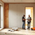 Zwei Bauarbeiter mit Schutzhelmen besprechen Pläne in einem Rohbauzimmer mit sichtbarer Dämmung an den Wänden bei natürlichem Licht, ein Beispiel für nachhaltigen Trockenbau Innenausbau.