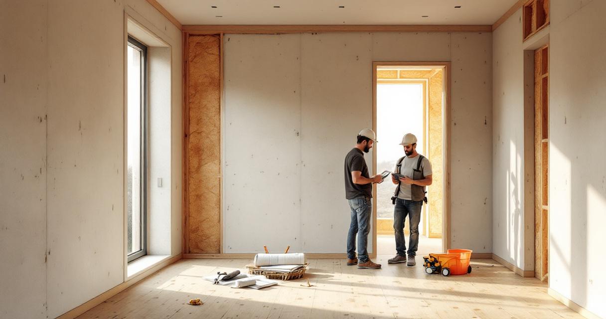 Zwei Bauarbeiter mit Schutzhelmen besprechen Pläne in einem Rohbauzimmer mit sichtbarer Dämmung an den Wänden bei natürlichem Licht, ein Beispiel für nachhaltigen Trockenbau Innenausbau.