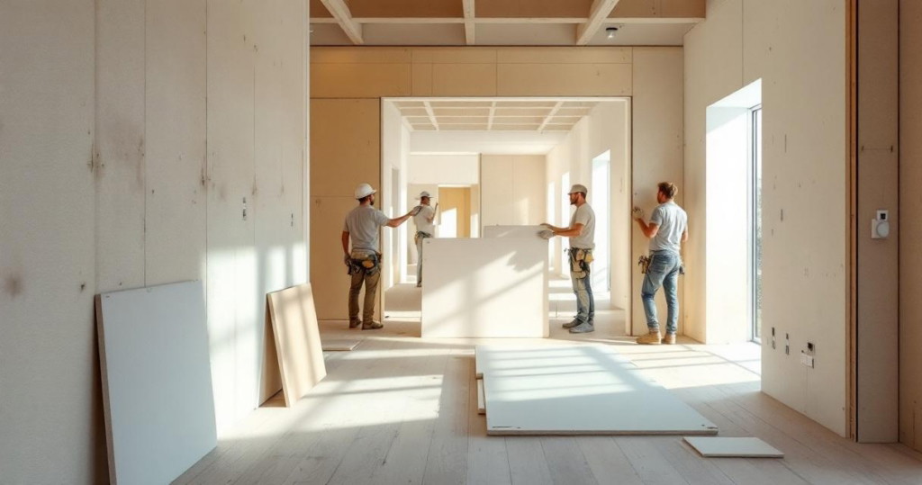 Vier Handwerker montieren Gipskartonplatten in einem hellen Rohbau mit sichtbaren Holzbalken und großen Fenstern, beispielhaft für nachhaltigen Trockenbau Innenausbau.