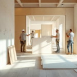 Vier Handwerker montieren Gipskartonplatten in einem hellen Rohbau mit sichtbaren Holzbalken und großen Fenstern, beispielhaft für nachhaltigen Trockenbau Innenausbau.