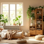 Heller und einladender Raum mit Holzmöbeln, weichen Kissen und vielen grünen Pflanzen, der gemütliches nachhaltiges kinderzimmer design mit natürlichem Licht und warmen Erdtönen präsentiert.