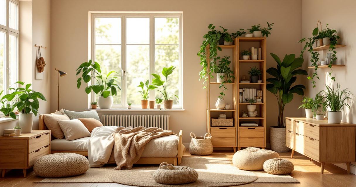 Heller und einladender Raum mit Holzmöbeln, weichen Kissen und vielen grünen Pflanzen, der gemütliches nachhaltiges kinderzimmer design mit natürlichem Licht und warmen Erdtönen präsentiert.