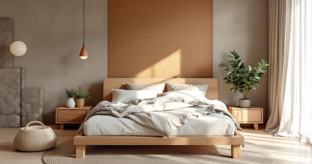 Helles und harmonisch eingerichtetes Schlafzimmer mit Holzmöbeln, natürlichen Materialien und Pflanzen, das ein gemütliches und umweltbewusstes Ambiente schafft, ideal für ein nachhaltiges Schlafzimmer Design.