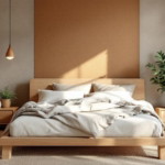 Helles und harmonisch eingerichtetes Schlafzimmer mit Holzmöbeln, natürlichen Materialien und Pflanzen, das ein gemütliches und umweltbewusstes Ambiente schafft, ideal für ein nachhaltiges Schlafzimmer Design.