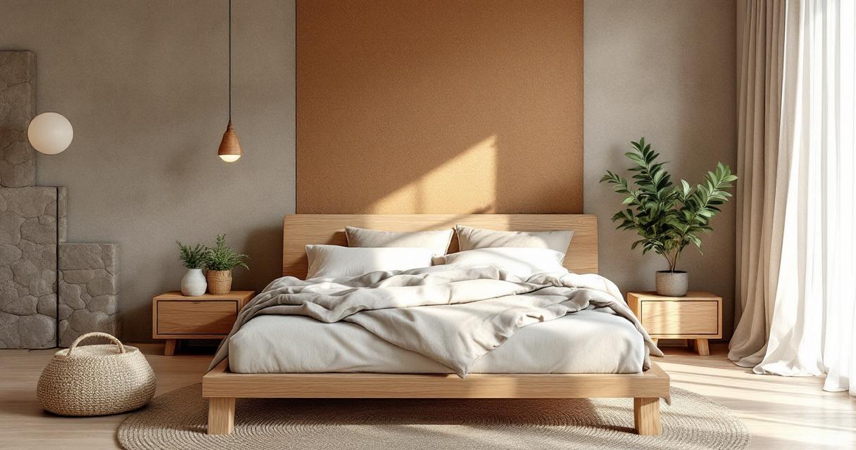 Helles und harmonisch eingerichtetes Schlafzimmer mit Holzmöbeln, natürlichen Materialien und Pflanzen, das ein gemütliches und umweltbewusstes Ambiente schafft, ideal für ein nachhaltiges Schlafzimmer Design.