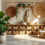 Heller und einladender Flur mit viel natürlichem Licht, Pflanzen in großen Körben, geflochtenen Wanddekorationen und einer Sitzgelegenheit aus Rattan, die Natürliche Flurgestaltung Ideen harmonisch umsetzt.