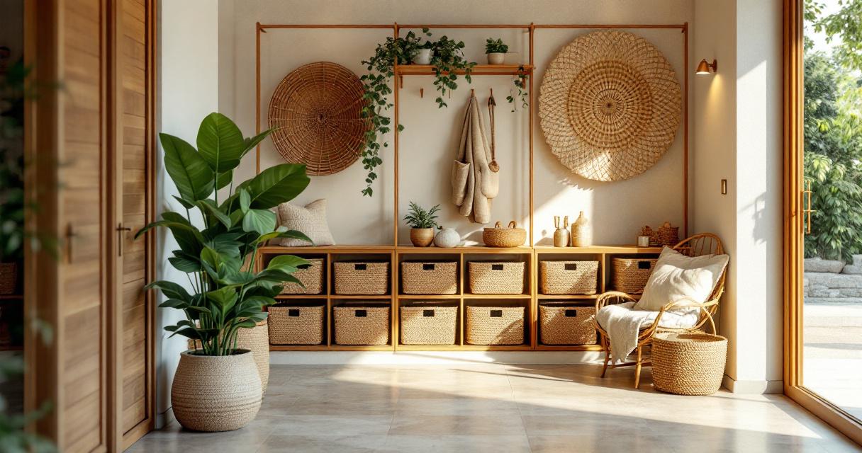 Heller und einladender Flur mit viel natürlichem Licht, Pflanzen in großen Körben, geflochtenen Wanddekorationen und einer Sitzgelegenheit aus Rattan, die Natürliche Flurgestaltung Ideen harmonisch umsetzt.