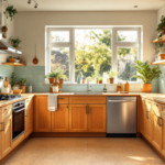 Helle, geräumige Küche mit viel Holzvertäfelung und grünen Pflanzen auf Arbeitsflächen und Regalen, die den Raum mit Natürliche Küchenmaterialien nachhaltig und einer warmen, einladenden Atmosphäre ausstatten.