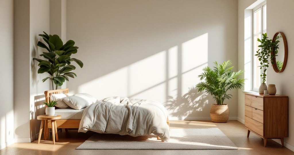 Helles und schlicht eingerichtetes Schlafzimmer mit Holzmöbeln, großen Fenstern, Raumbegrünung und gemütlicher Bettwäsche als Beispiel für Öko-Schlafraum Natur-Renovierung.