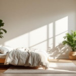Helles und schlicht eingerichtetes Schlafzimmer mit Holzmöbeln, großen Fenstern, Raumbegrünung und gemütlicher Bettwäsche als Beispiel für Öko-Schlafraum Natur-Renovierung.