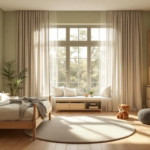 Helles und freundliches Kinderzimmer mit einem großen Fenster, Holzbetten und -regalen, vielen grünen Pflanzen und natürlichen Farbtönen, ein Beispiel für ökologische kinderzimmerrenovierung ideen.