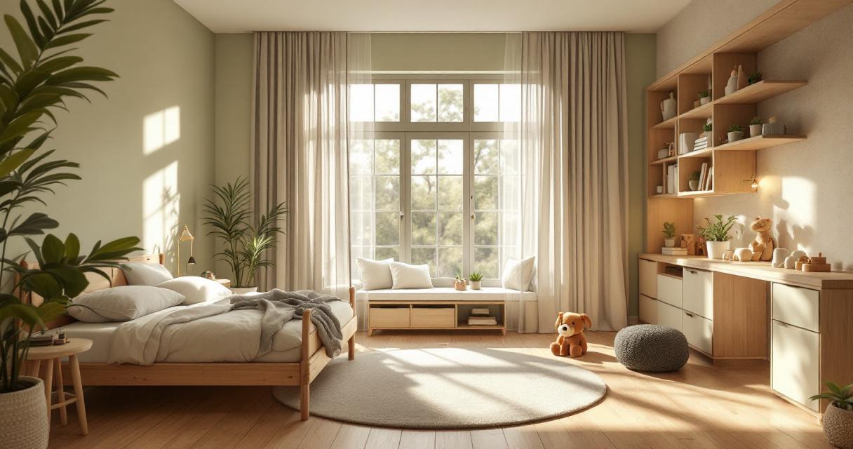 Helles und freundliches Kinderzimmer mit einem großen Fenster, Holzbetten und -regalen, vielen grünen Pflanzen und natürlichen Farbtönen, ein Beispiel für ökologische kinderzimmerrenovierung ideen.