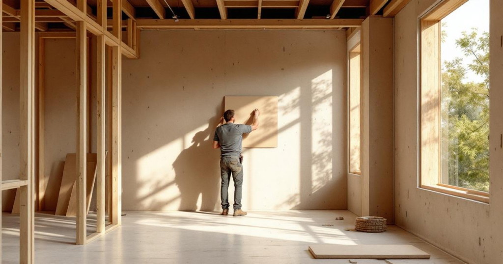 Handwerker installiert eine Wandplatte in einem hell erleuchteten Raum mit sichtbarer Holzkonstruktion und großen Fenstern, Innenansicht eines nachhaltigen Bauprojekts mit Ökologischer Trockenbau Systeme.