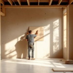 Handwerker installiert eine Wandplatte in einem hell erleuchteten Raum mit sichtbarer Holzkonstruktion und großen Fenstern, Innenansicht eines nachhaltigen Bauprojekts mit Ökologischer Trockenbau Systeme.