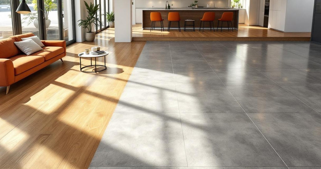 Moderner Wohnraum mit große Fensterfront, orangefarbenem Sofa und einer Kombination aus hellem Parkett Laminat Fliesen Bodenbelag, der den Raum in warme und kühle Zonen gliedert.