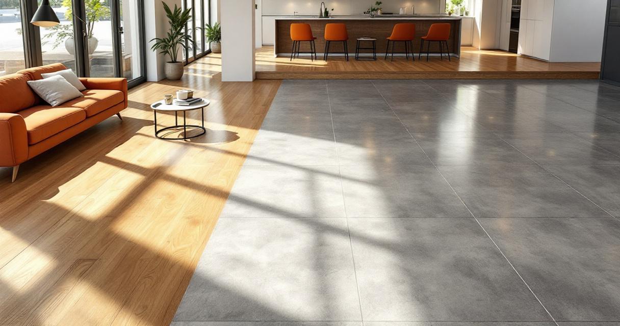 Moderner Wohnraum mit große Fensterfront, orangefarbenem Sofa und einer Kombination aus hellem Parkett Laminat Fliesen Bodenbelag, der den Raum in warme und kühle Zonen gliedert.