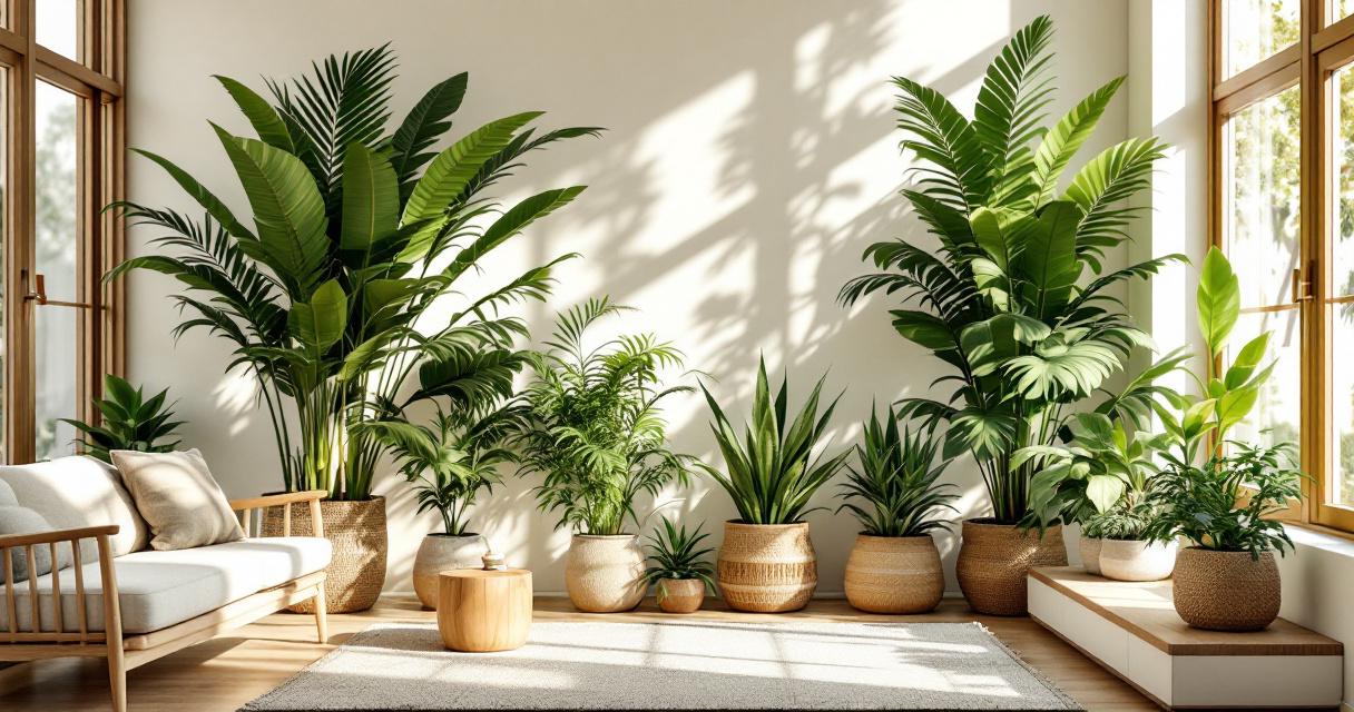 Heller Wohnraum mit großen Fenstern, der mit verschiedenen, üppigen Zimmerpflanzen in natürlichen Tontöpfen geschmackvoll gestaltet ist, zeigt, wie Pflanzen Innenarchitektur sinnvoll und ästhetisch bereichern können.